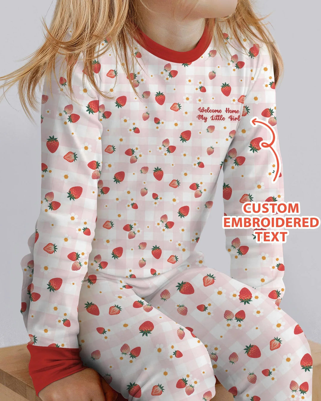Conjunto de pijama de dos piezas de bambú con bordado de fresas y texto personalizado de manga larga