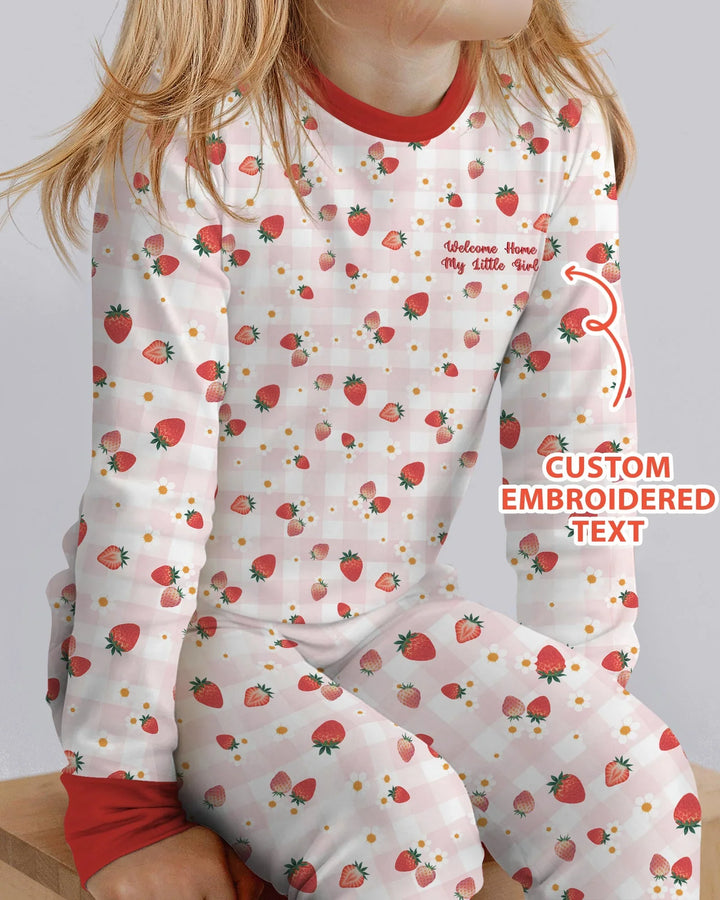 Conjunto de pijama de dos piezas de bambú con bordado de fresas y texto personalizado de manga larga