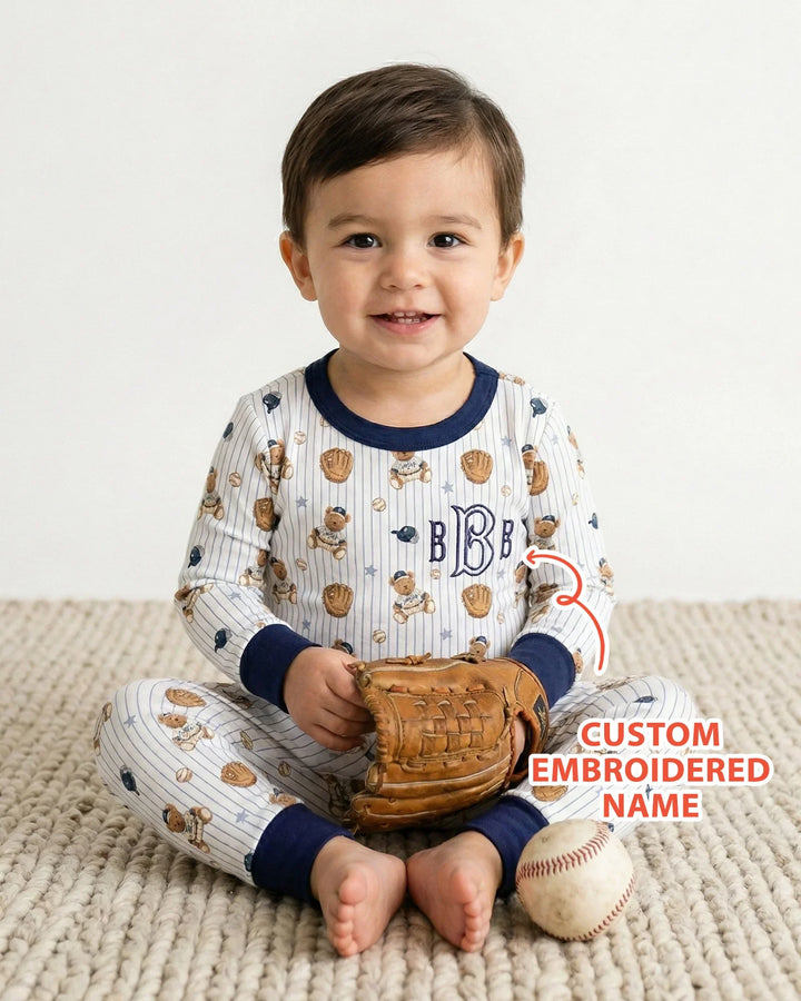 Personalized Embroidered Teddy Bear Baseball Baby Bamboo Two Piece Long Sleeve Pajama Set