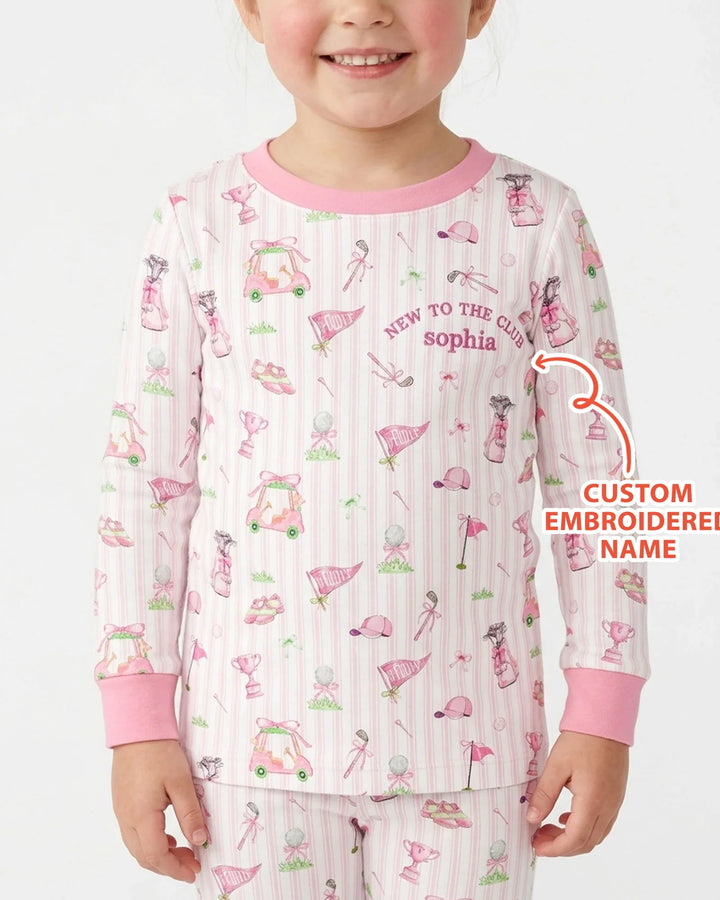Personalized Embroidered Golf Baby Girl Bamboo Two Piece Long Sleeve Pajama Set
