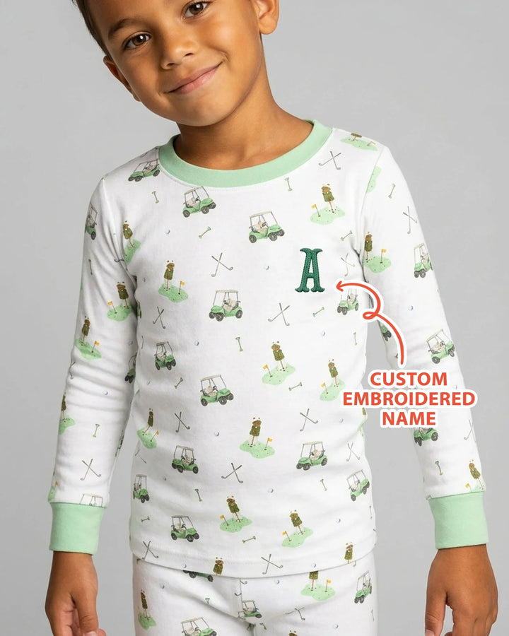 Custom Embroidered Name Monogram Letter Golf Two Piece Long Sleeve Pajama Set