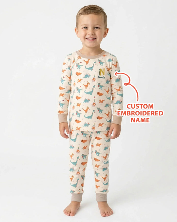 Pijama de dos piezas de bambú con nombre bordado personalizado de dinosaurios y manga larga