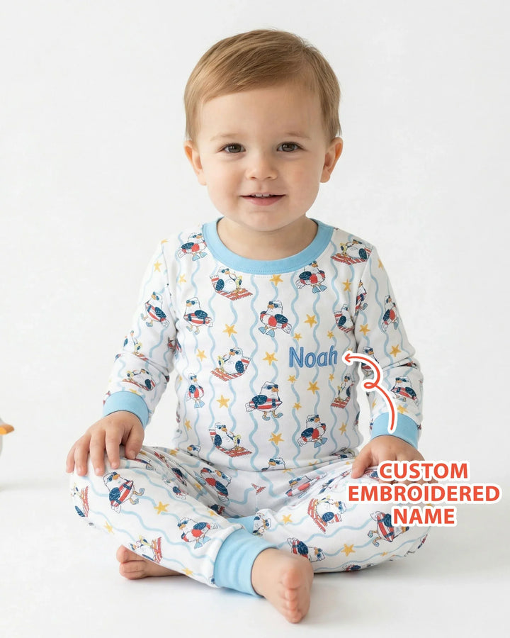 Conjunto de pijama de dos piezas personalizado bordado de bambú para bebé con gaviota veraniega y manga larga