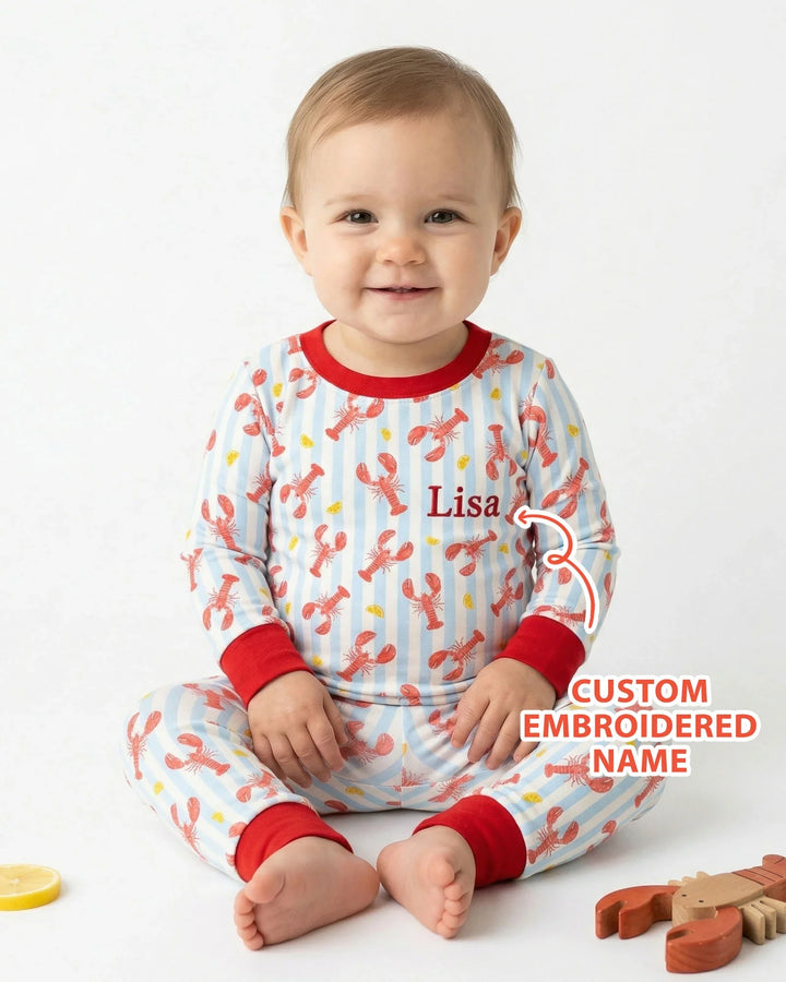 Conjunto de Pijama de Dos Piezas de Bambú de Manga Larga con Bordado Personalizado de Cangrejo de Río para Bebé