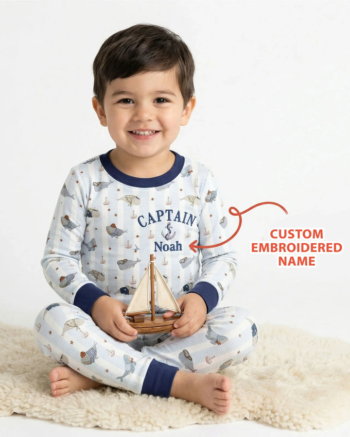 Custom Embroidered Name Little Captain of the Whale Crew Bamboo Two Piece Long Sleeve Pajama Set