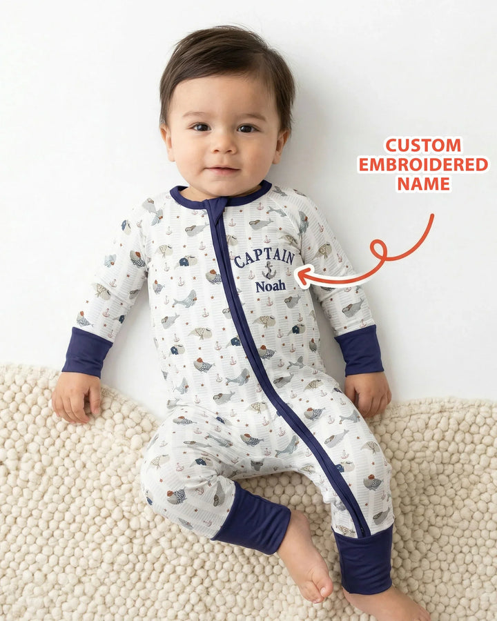 Custom Embroidered Name Little Captain of the Whale Crew Bamboo Convertible Zippy
