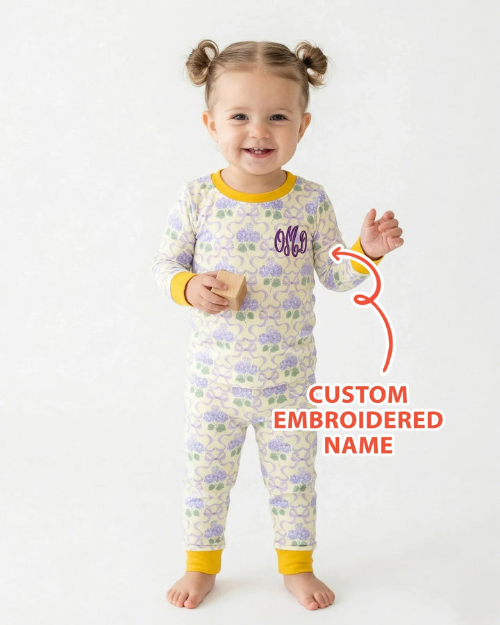 Custom Name Embroidered Hydrangea Welcome Home Bamboo Two Piece Long Sleeve Pajama Set