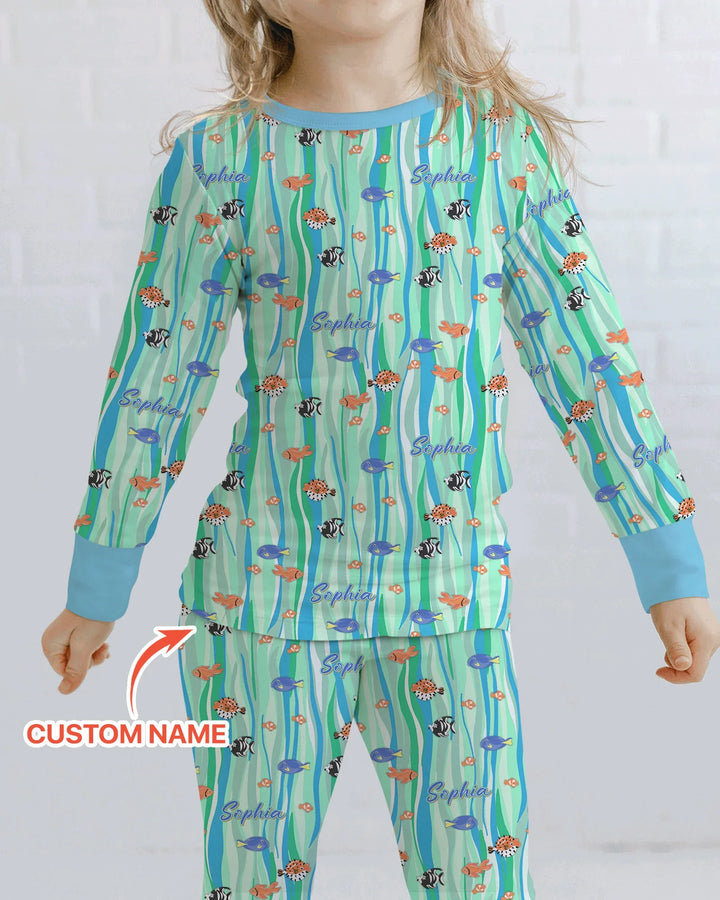 Custom Name Summer Beach Bamboo Two Piece Long Sleeve Pajama Set