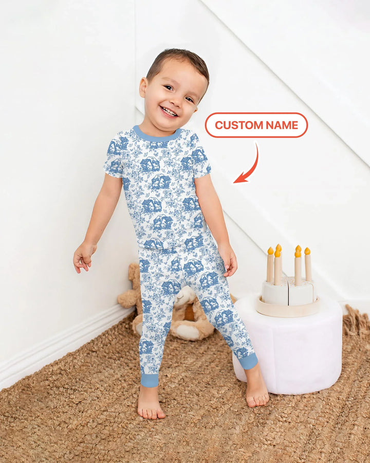 Custom Name Mama Bear Toile Bamboo Two Piece Short Sleeve Pajama Set