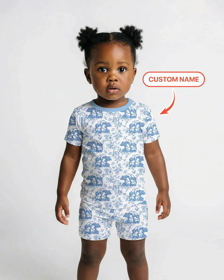 Custom Name Mama Bear Toile Bamboo Two Piece Short Sleeve Shorts Pajama Set