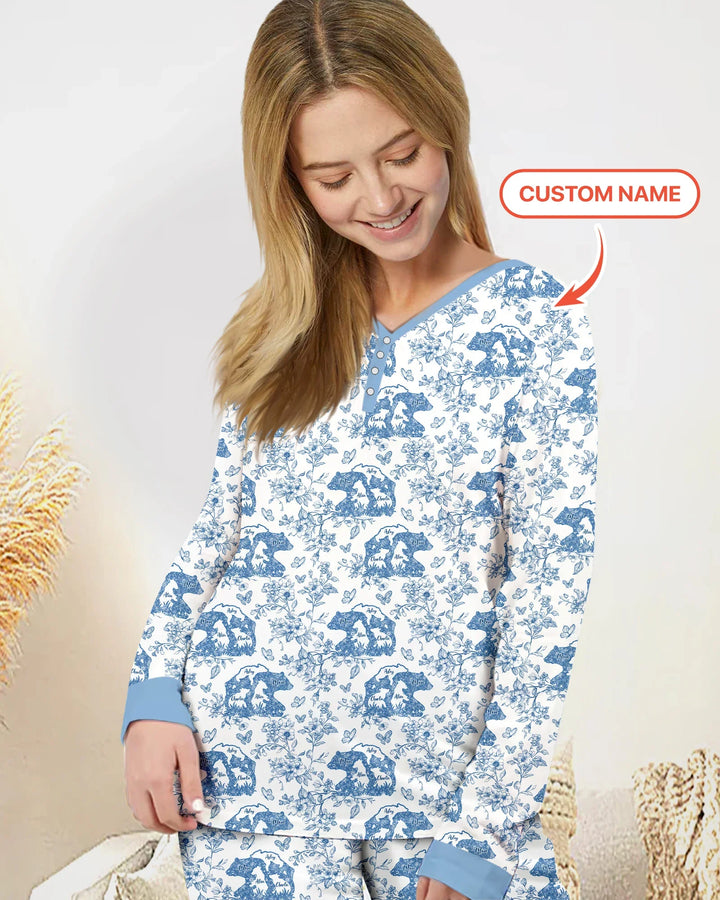 Custom Name Mama Bear Toile Bamboo Women Pajama Set