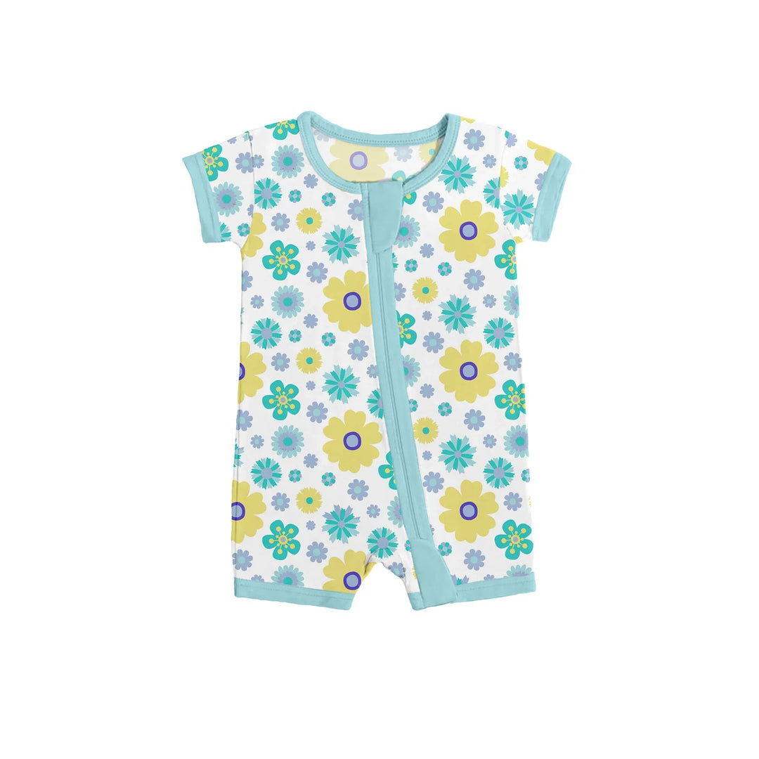 Aqua Floral Shorty Zippered Romper - Zumbamboo