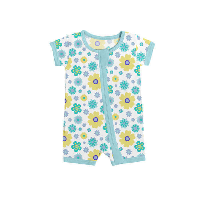 Aqua Floral Shorty Zippered Romper