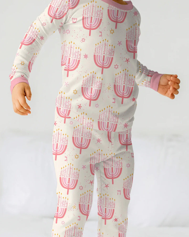 Hannukkah Menorah Family Matching Two Piece Long Sleeve Pajama Set , Hannukkah Menorah Family Matching Two Piece Long Sleeve Pajama Set - 12-18M / Girl