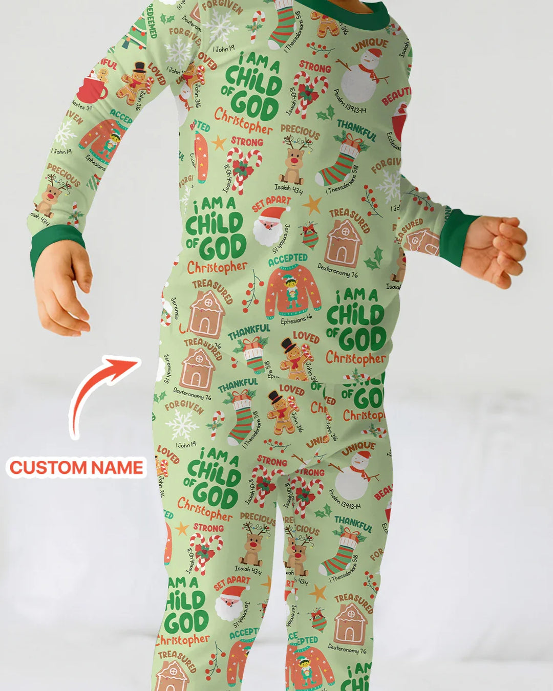 Merry Christmas I Am A Child Of God Custom Name Two Piece Long Sleeve Pajama Set (Green) , Merry Christmas I Am A Child Of God Custom Name Two Piece Long Sleeve Pajama Set (Green) - 12-18M