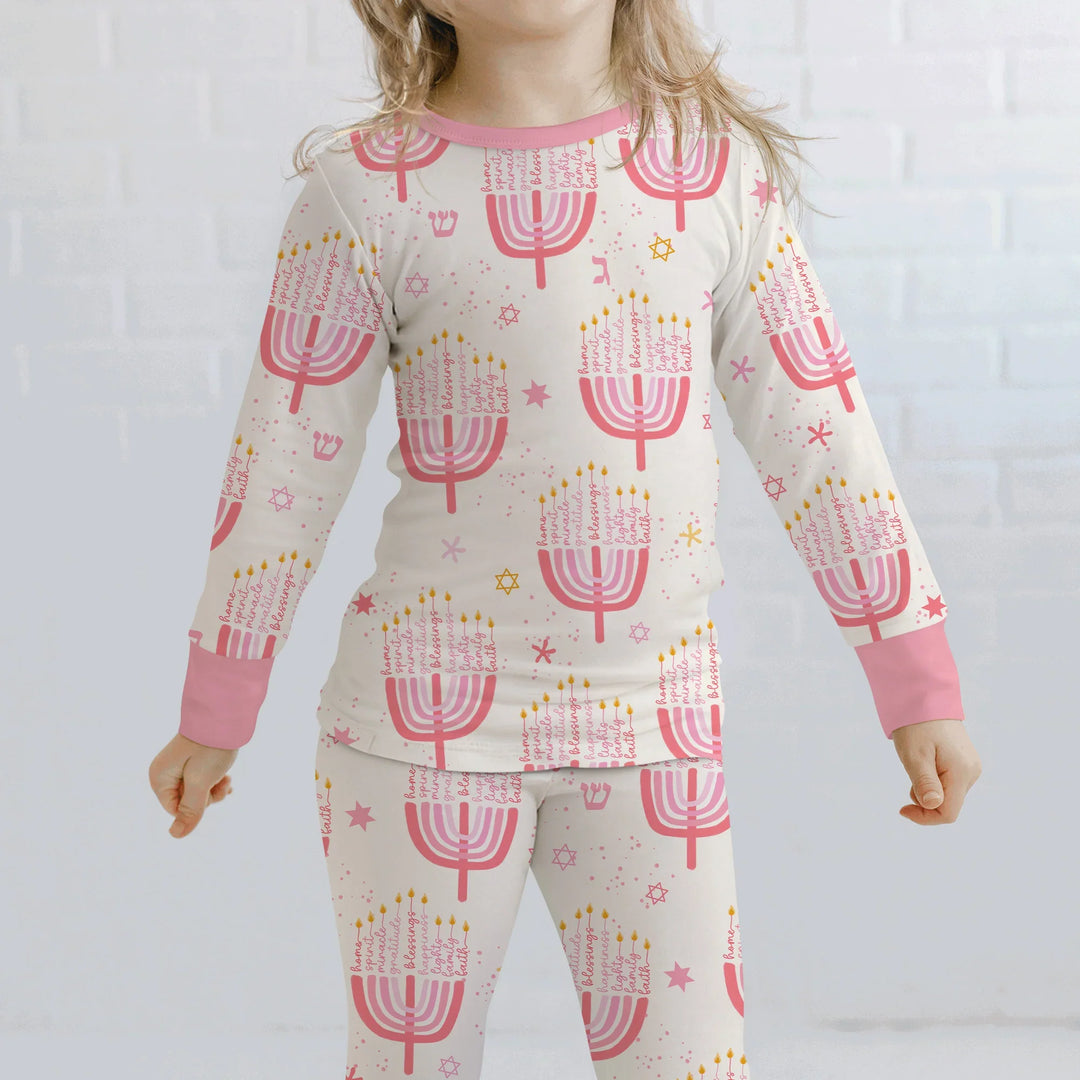 Hannukkah Menorah Family Matching Two Piece Long Sleeve Pajama Set , Hannukkah Menorah Family Matching Two Piece Long Sleeve Pajama Set - 12-18M / Girl
