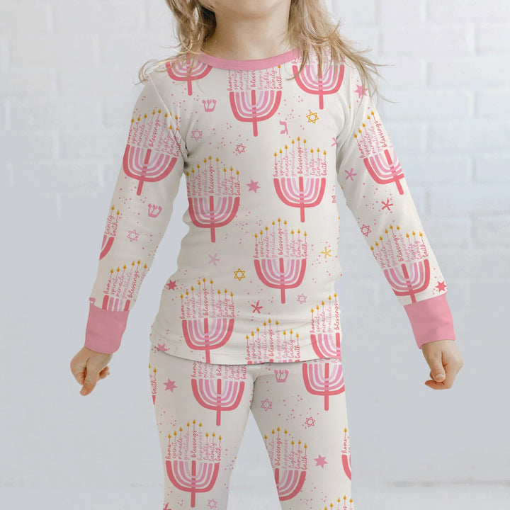 Hannukkah Menorah Family Matching Two Piece Long Sleeve Pajama Set , Hannukkah Menorah Family Matching Two Piece Long Sleeve Pajama Set - 12-18M / Girl