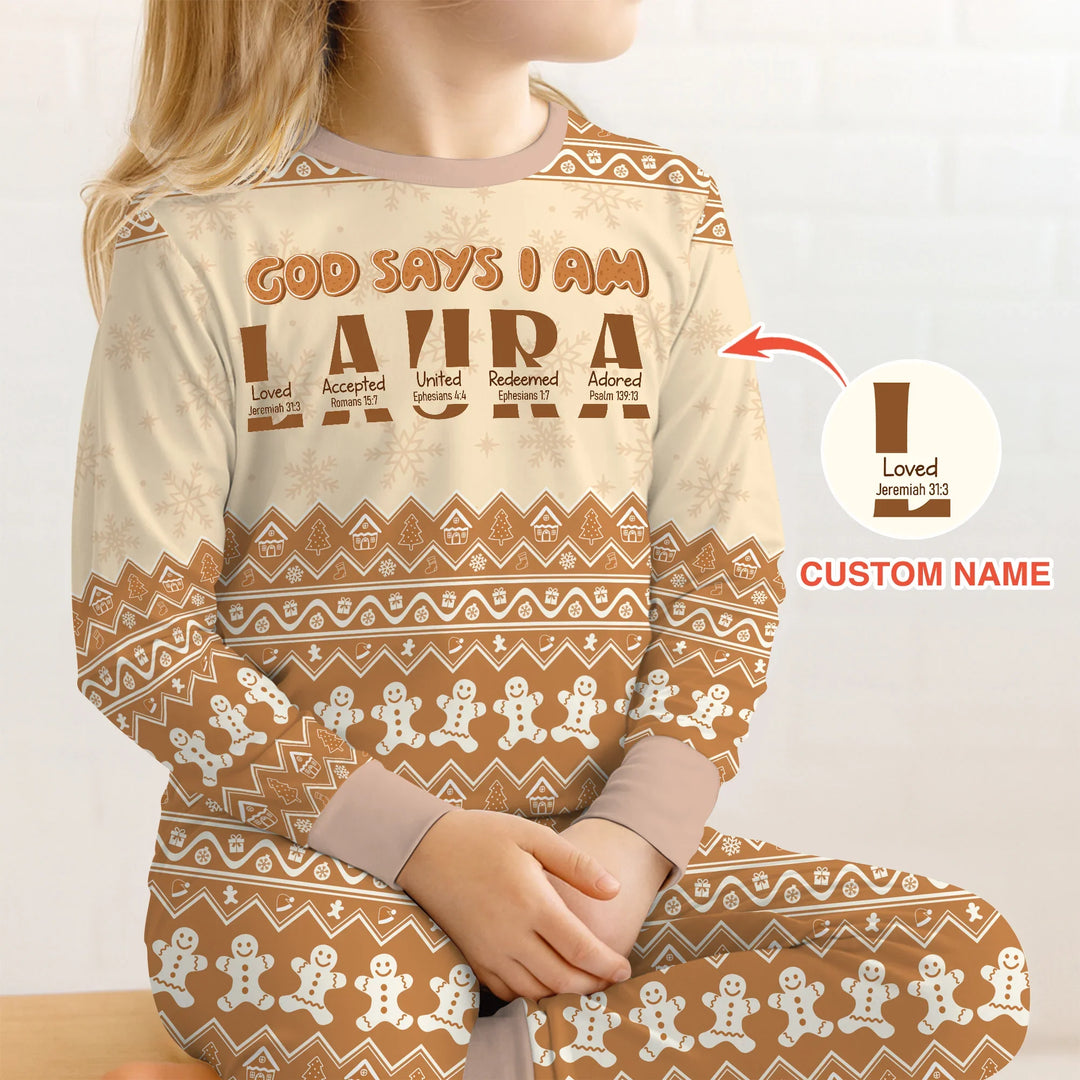 Personalized Ginger Bread God Says I Am Two Piece Long Sleeve Pajama Set , Personalized Ginger Bread God Says I Am Two Piece Long Sleeve Pajama Set - 12-18M / Chocolate Brown