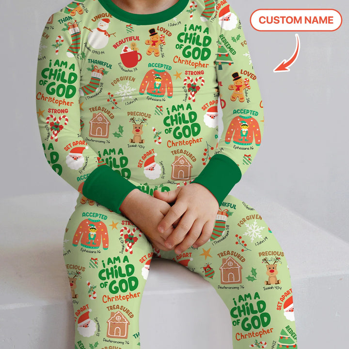 Merry Christmas I Am A Child Of God Custom Name Two Piece Long Sleeve Pajama Set (Green) , Merry Christmas I Am A Child Of God Custom Name Two Piece Long Sleeve Pajama Set (Green) - 12-18M
