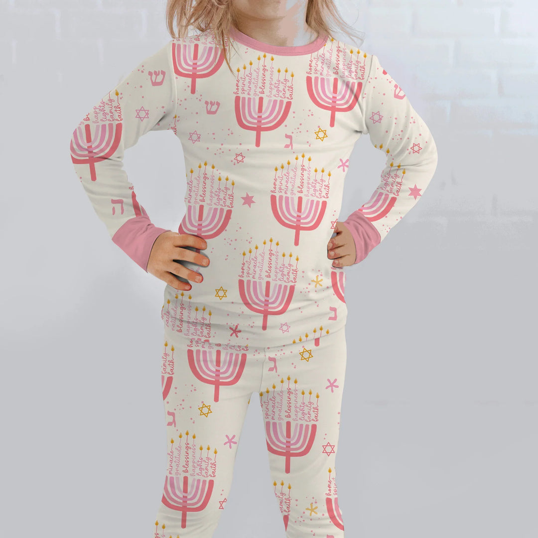 Hannukkah Menorah Family Matching Two Piece Long Sleeve Pajama Set , Hannukkah Menorah Family Matching Two Piece Long Sleeve Pajama Set - 12-18M / Girl