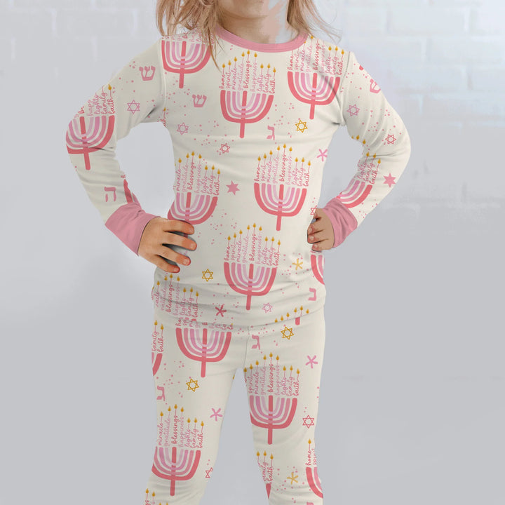 Hannukkah Menorah Family Matching Two Piece Long Sleeve Pajama Set , Hannukkah Menorah Family Matching Two Piece Long Sleeve Pajama Set - 12-18M / Girl