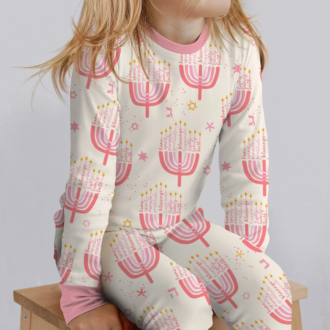 Hannukkah Menorah Family Matching Two Piece Long Sleeve Pajama Set , Hannukkah Menorah Family Matching Two Piece Long Sleeve Pajama Set - 12-18M / Girl