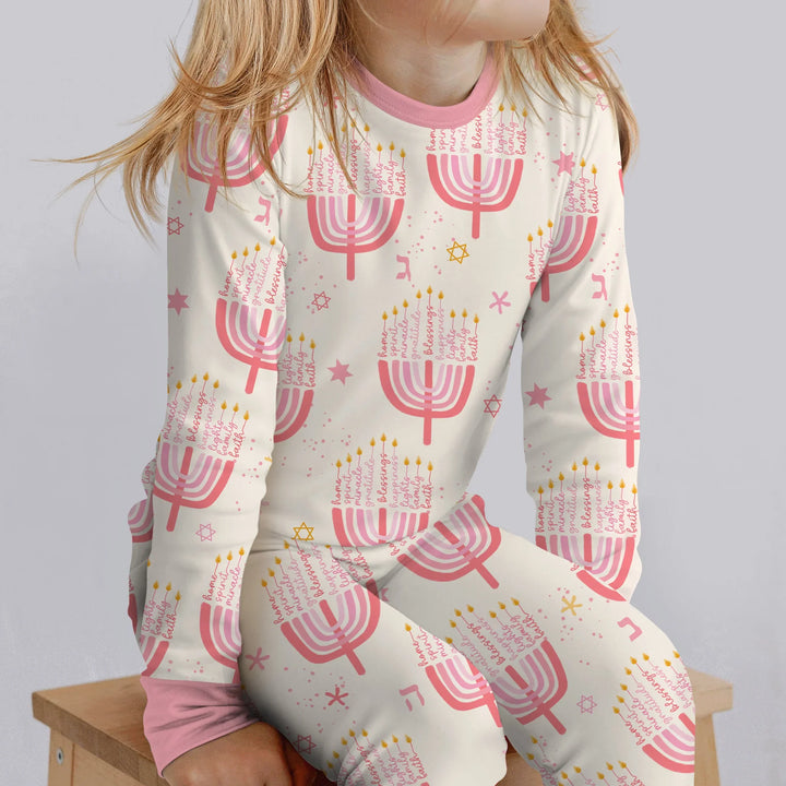 Hannukkah Menorah Family Matching Two Piece Long Sleeve Pajama Set , Hannukkah Menorah Family Matching Two Piece Long Sleeve Pajama Set - 12-18M / Girl