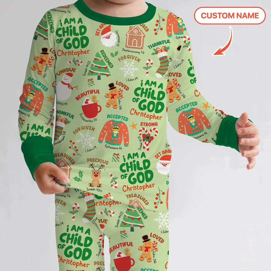 Merry Christmas I Am A Child Of God Custom Name Two Piece Long Sleeve Pajama Set (Green) , Merry Christmas I Am A Child Of God Custom Name Two Piece Long Sleeve Pajama Set (Green) - 12-18M