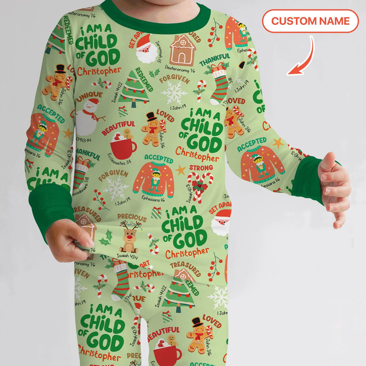 Merry Christmas I Am A Child Of God Custom Name Two Piece Long Sleeve Pajama Set (Green) , Merry Christmas I Am A Child Of God Custom Name Two Piece Long Sleeve Pajama Set (Green) - 12-18M