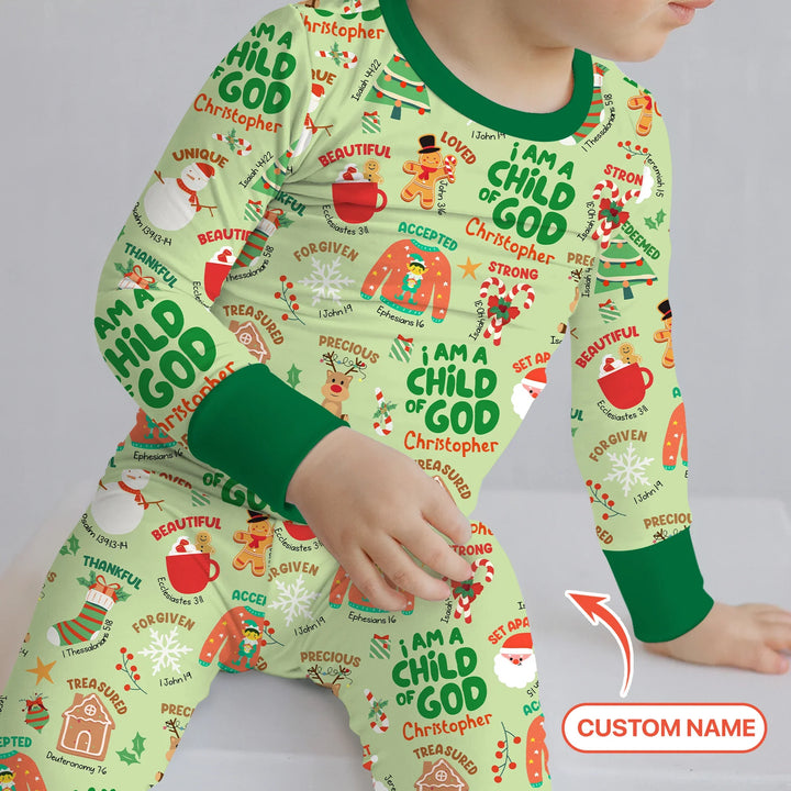 Merry Christmas I Am A Child Of God Custom Name Two Piece Long Sleeve Pajama Set (Green) , Merry Christmas I Am A Child Of God Custom Name Two Piece Long Sleeve Pajama Set (Green) - 12-18M