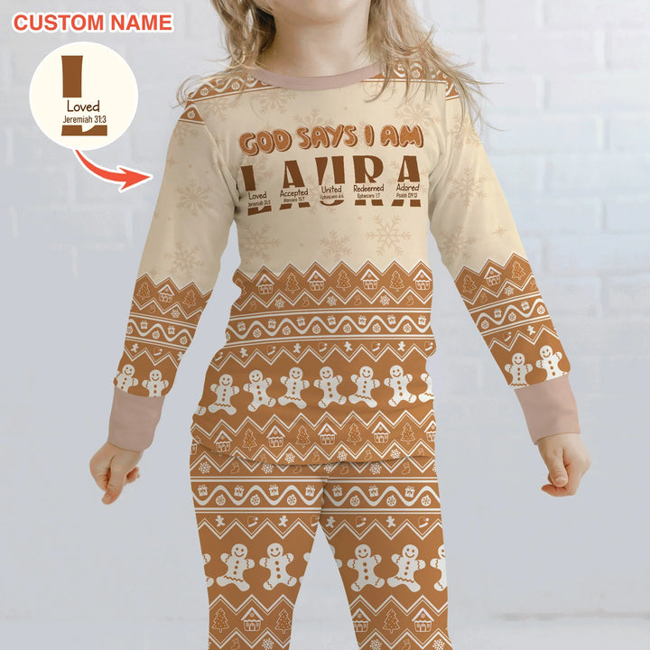 Personalized Ginger Bread God Says I Am Two Piece Long Sleeve Pajama Set , Personalized Ginger Bread God Says I Am Two Piece Long Sleeve Pajama Set - 12-18M / Chocolate Brown