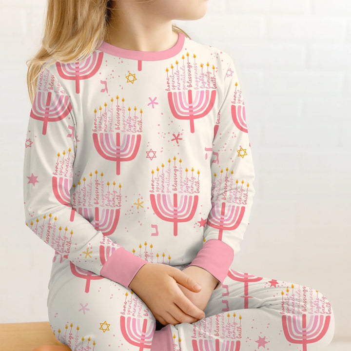 Hannukkah Menorah Family Matching Two Piece Long Sleeve Pajama Set , Hannukkah Menorah Family Matching Two Piece Long Sleeve Pajama Set - 12-18M / Girl