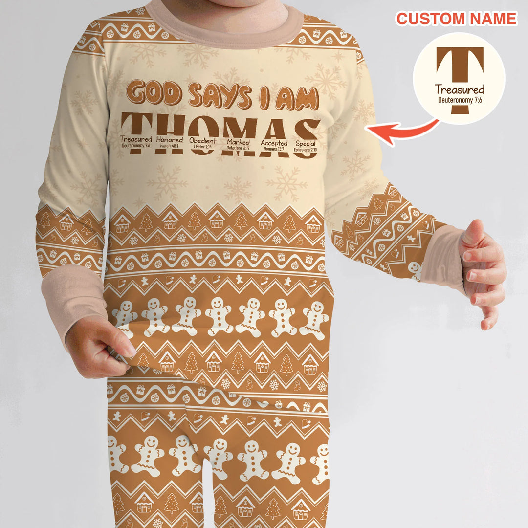 Personalized Ginger Bread God Says I Am Two Piece Long Sleeve Pajama Set , Personalized Ginger Bread God Says I Am Two Piece Long Sleeve Pajama Set - 12-18M / Chocolate Brown