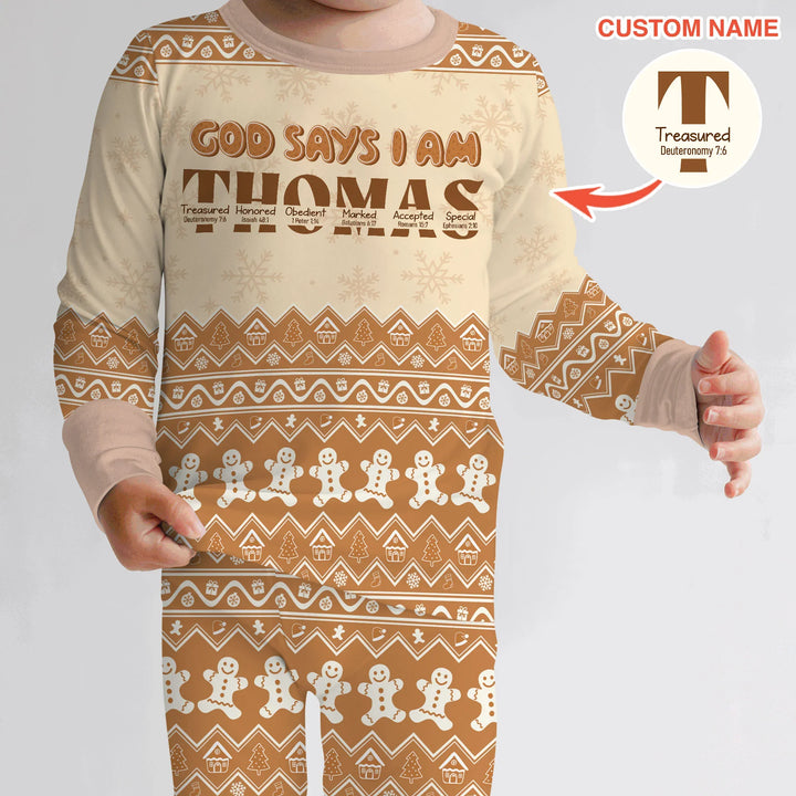 Personalized Ginger Bread God Says I Am Two Piece Long Sleeve Pajama Set , Personalized Ginger Bread God Says I Am Two Piece Long Sleeve Pajama Set - 12-18M / Chocolate Brown