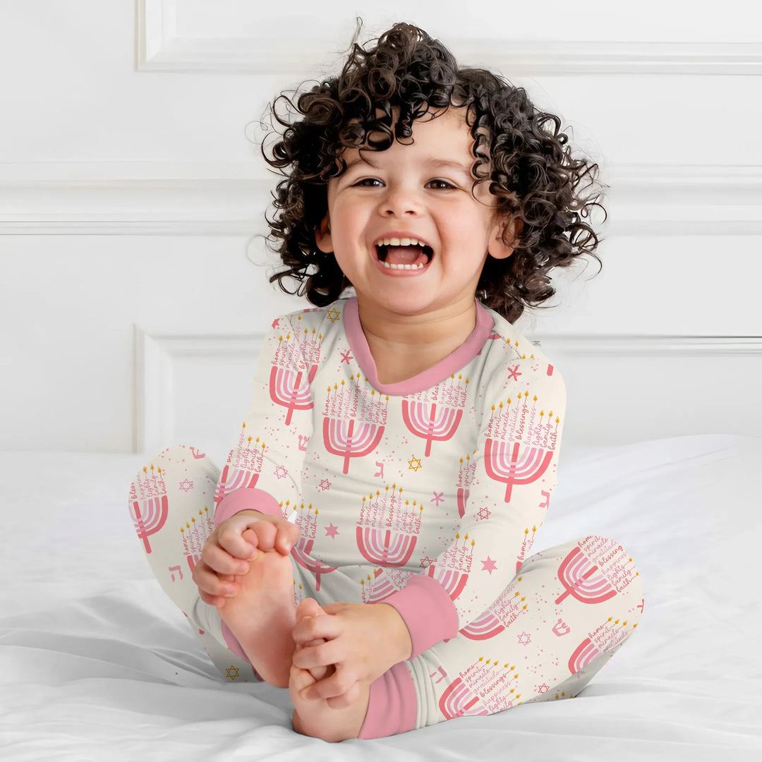 Hannukkah Menorah Family Matching Two Piece Long Sleeve Pajama Set , Hannukkah Menorah Family Matching Two Piece Long Sleeve Pajama Set - 12-18M / Girl