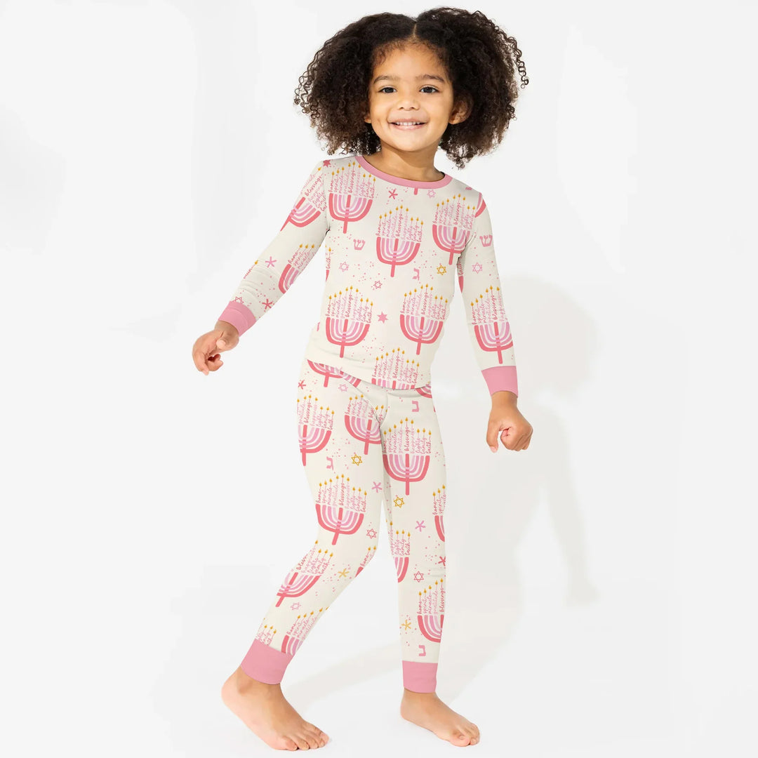 Hannukkah Menorah Family Matching Two Piece Long Sleeve Pajama Set , Hannukkah Menorah Family Matching Two Piece Long Sleeve Pajama Set - 12-18M / Girl