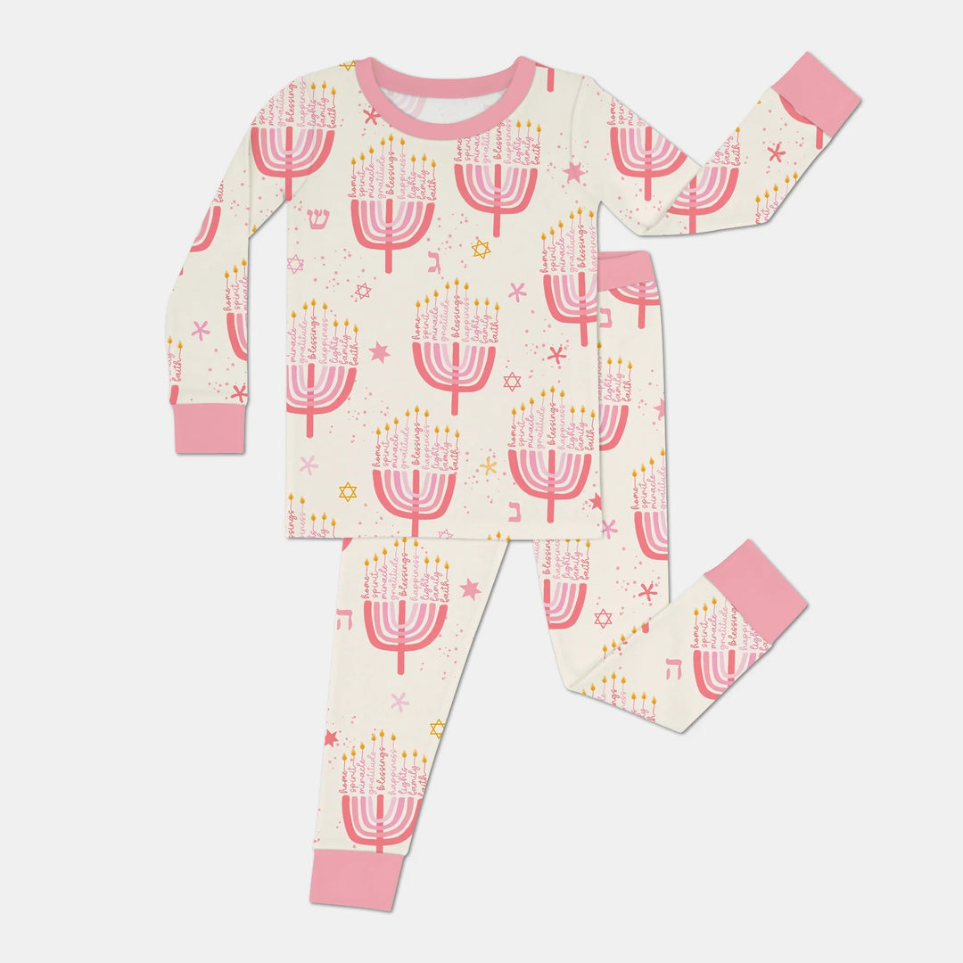 Hannukkah Menorah Family Matching Two Piece Long Sleeve Pajama Set , Hannukkah Menorah Family Matching Two Piece Long Sleeve Pajama Set - 12-18M / Girl