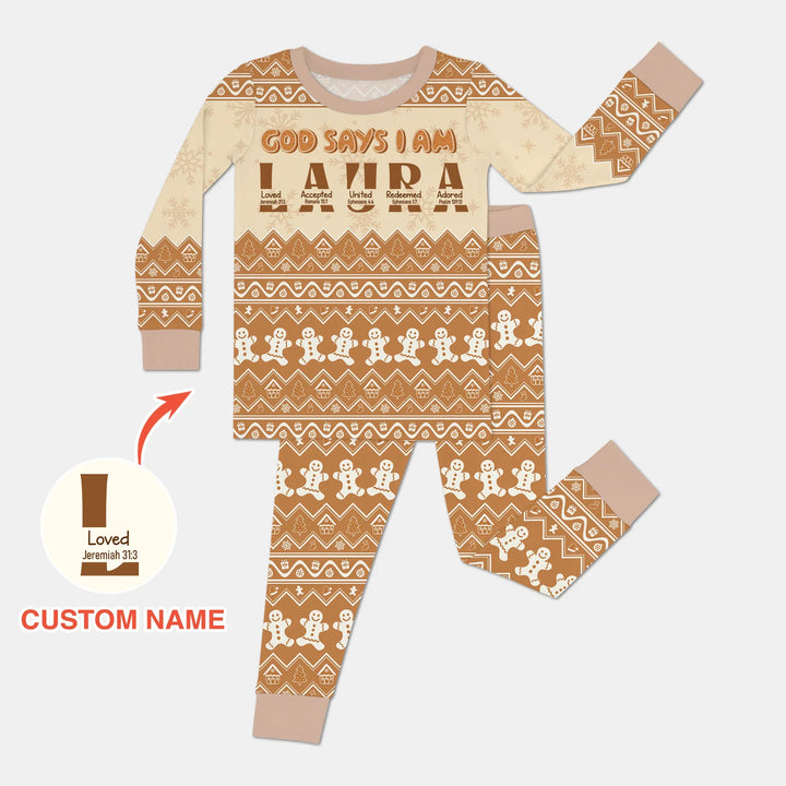 Personalized Ginger Bread God Says I Am Two Piece Long Sleeve Pajama Set , Personalized Ginger Bread God Says I Am Two Piece Long Sleeve Pajama Set - 12-18M / Chocolate Brown