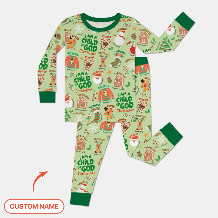 Merry Christmas I Am A Child Of God Custom Name Two Piece Long Sleeve Pajama Set (Green) , Merry Christmas I Am A Child Of God Custom Name Two Piece Long Sleeve Pajama Set (Green) - 12-18M
