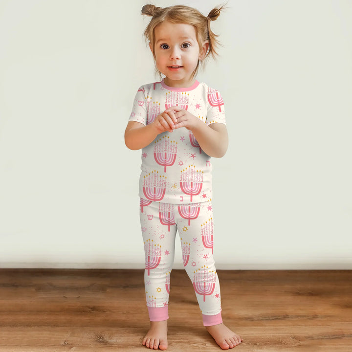 Hannukkah Menorah Family Matching Two Piece Short Sleeve Pajama Set , Hannukkah Menorah Family Matching Two Piece Short Sleeve Pajama Set - 12-18M / Girl