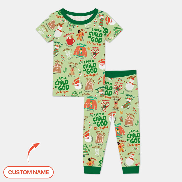 Merry Christmas I Am A Child Of God Custom Name Two Piece Short Sleeve Shorts Pajama Set
