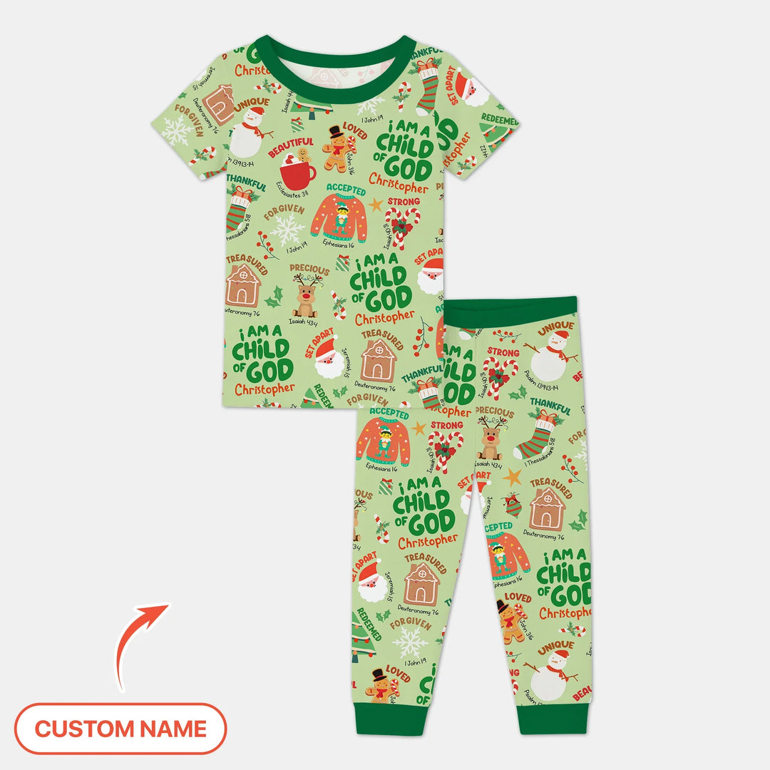 Merry Christmas I Am A Child Of God Custom Name Two Piece Short Sleeve Pajama Set (Green) , Merry Christmas I Am A Child Of God Custom Name Two Piece Short Sleeve Pajama Set (Green) - 12-18M