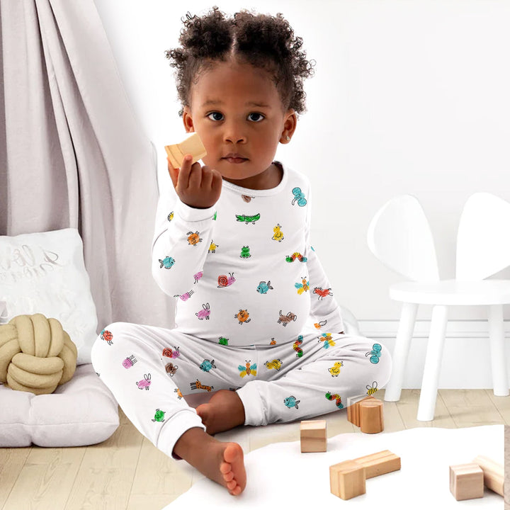 Colorful Doodle Animals Two Piece Long Sleeve Pajama Set