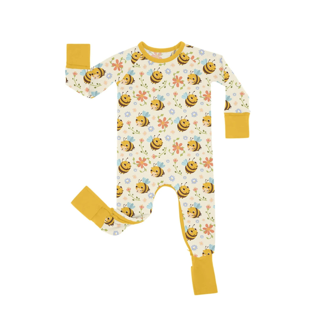 Bees and Flowers Crescent Zippered Romper - Zumbamboo
