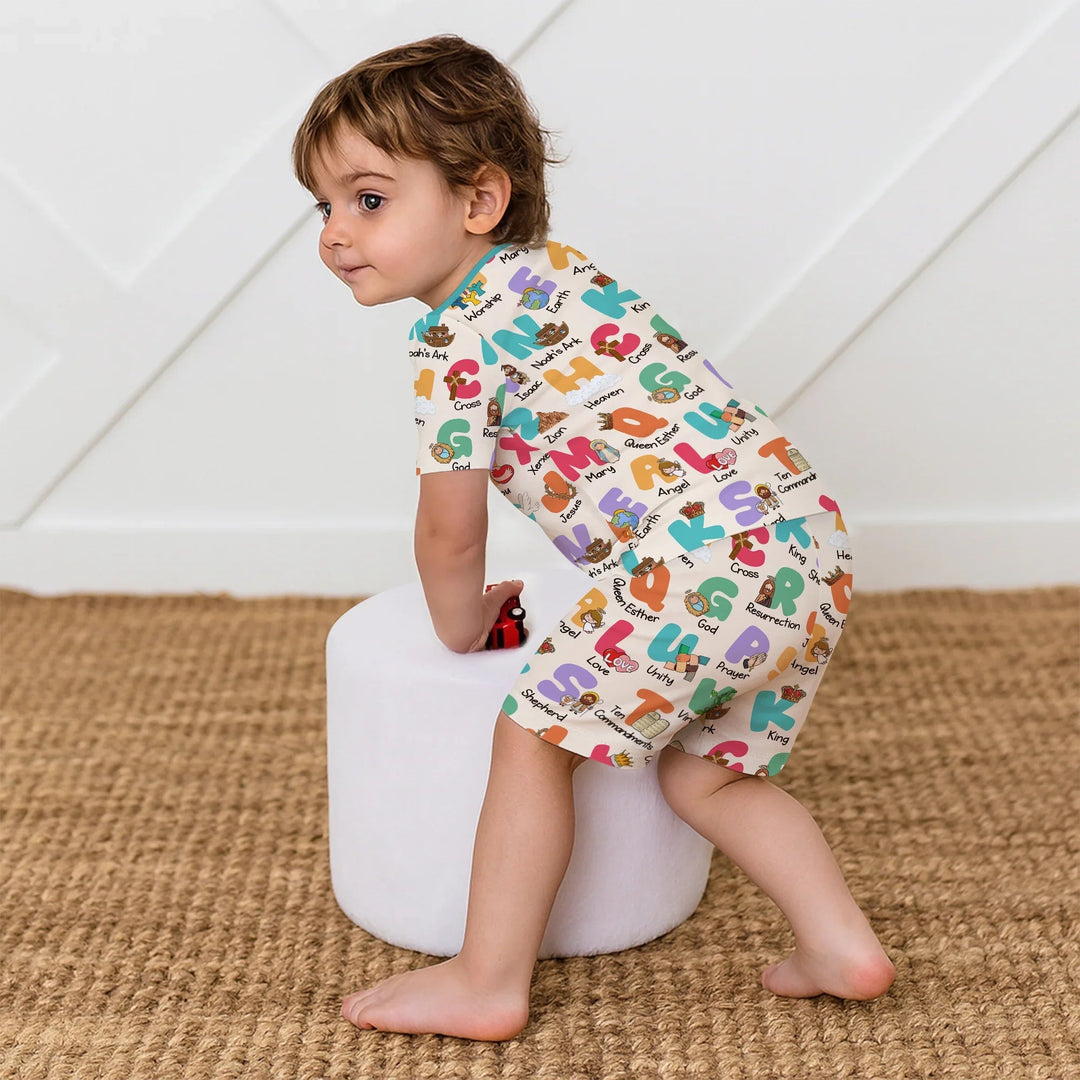 Biblical Alphabet Two Piece Short Sleeve Shorts Pajama Set - Zumbamboo
