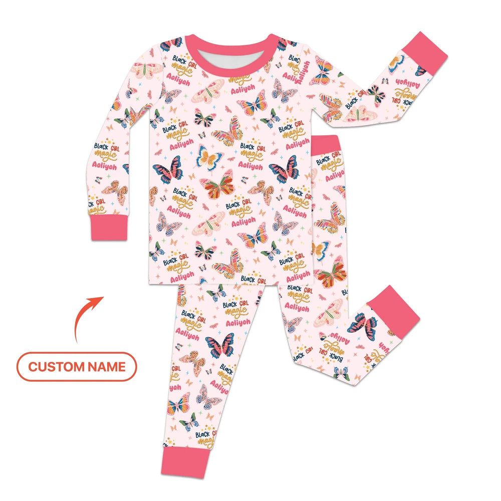 Black Girl Magic Custom Name Two Piece Long Sleeve Pajama Set - Zumbamboo