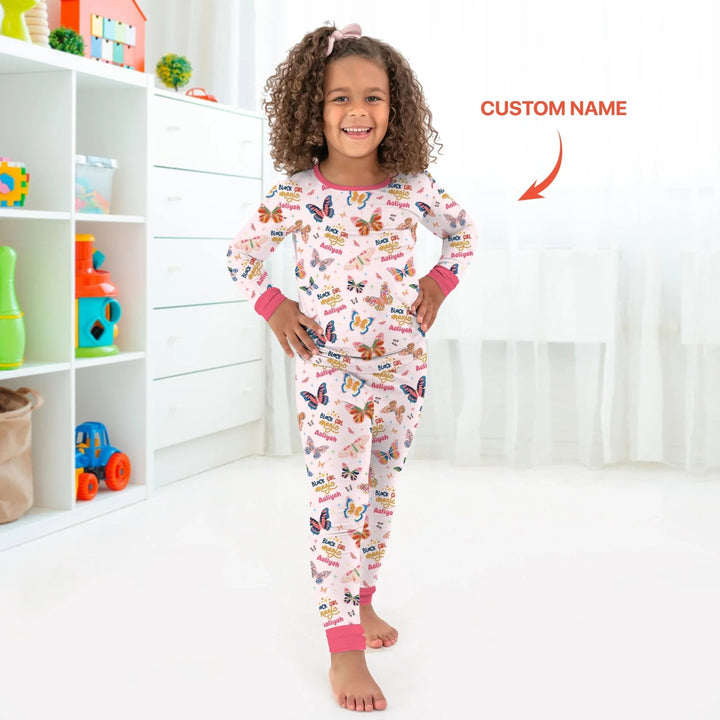 Black Girl Magic Custom Name Two Piece Long Sleeve Pajama Set - Zumbamboo