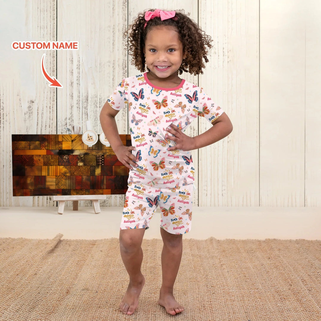 Black Girl Magic Custom Name Two Piece Short Sleeve Shorts Pajama Set - Zumbamboo