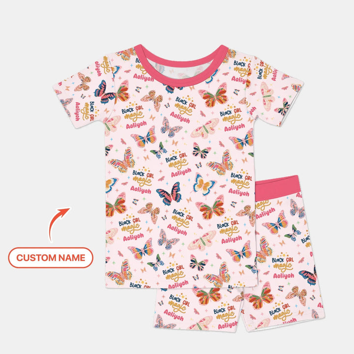 Black Girl Magic Custom Name Two Piece Short Sleeve Shorts Pajama Set - Zumbamboo