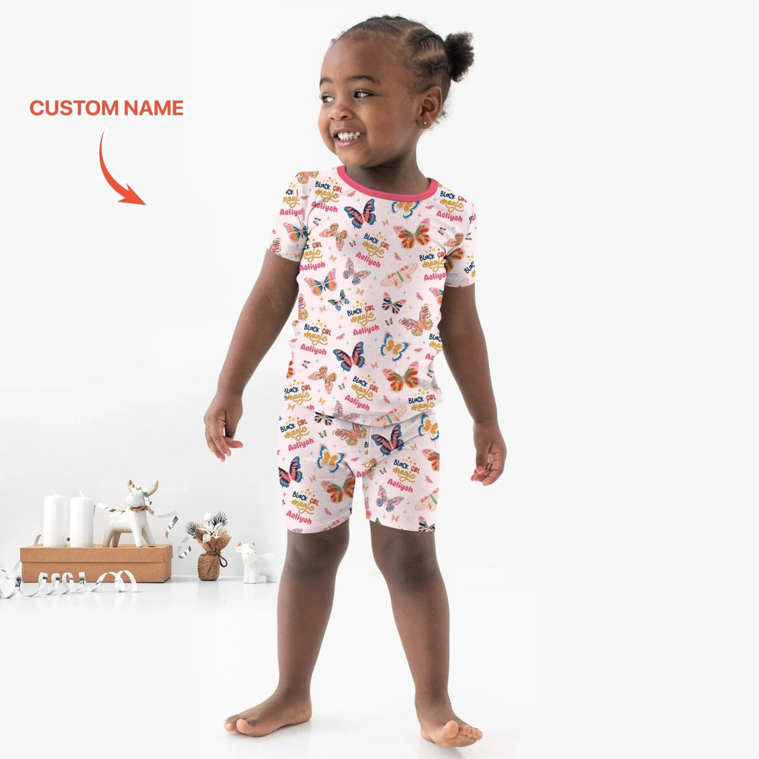 Black Girl Magic Custom Name Two Piece Short Sleeve Shorts Pajama Set - Zumbamboo